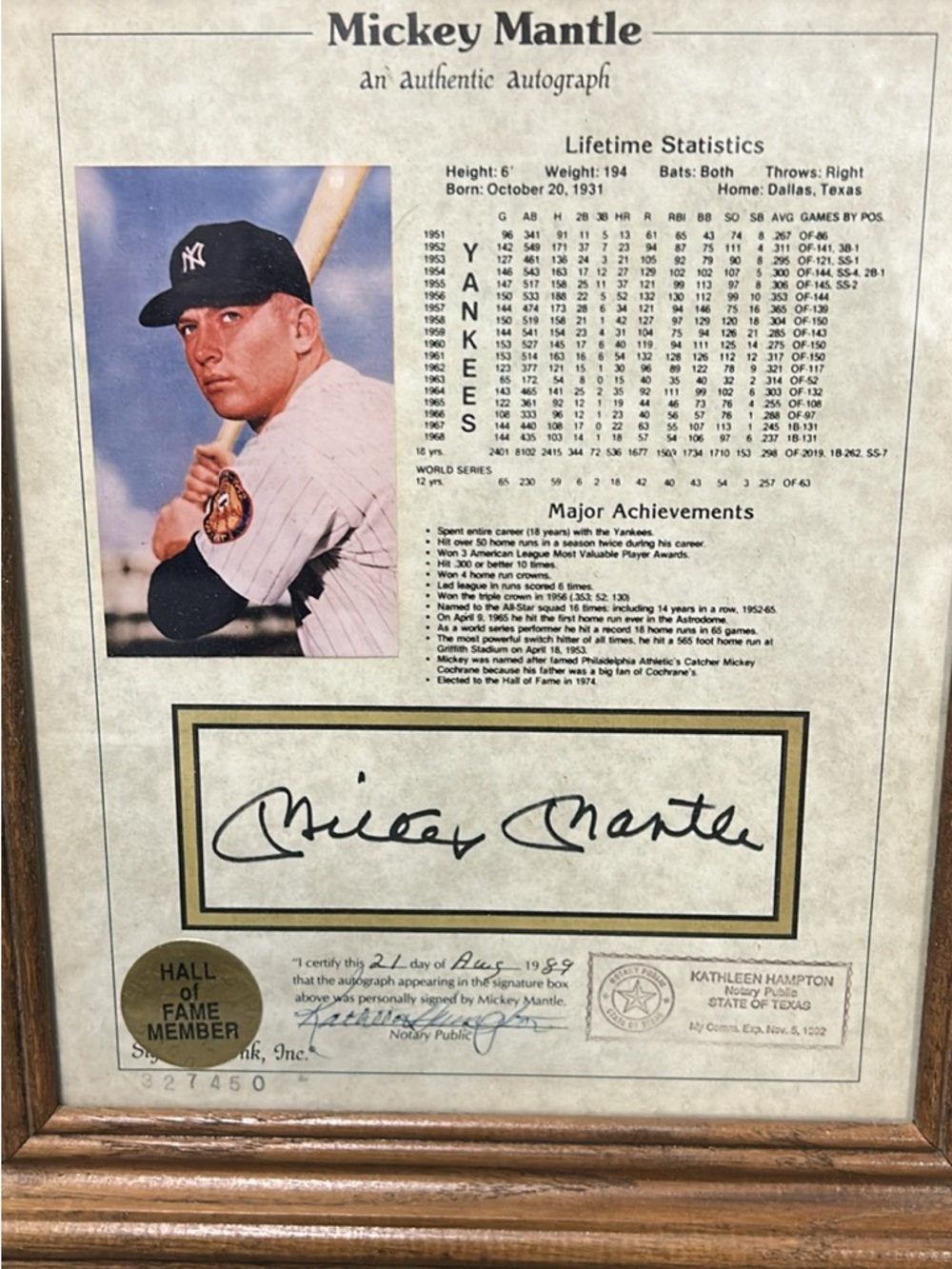 Mickey Mantle Autograph Framed Print - Cream/Tan